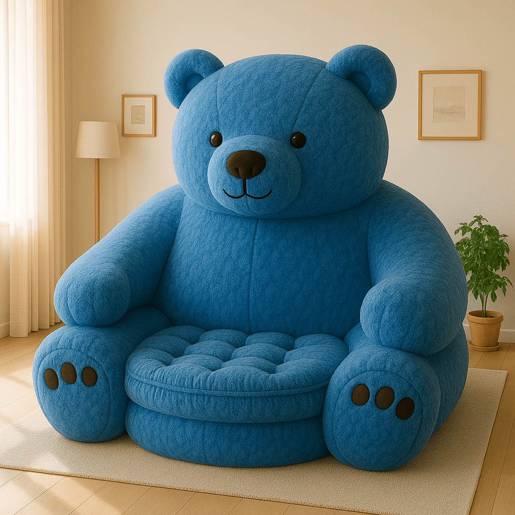  Playful blue teddy bear-shaped armchair with brown paw details, styled in a modern room.