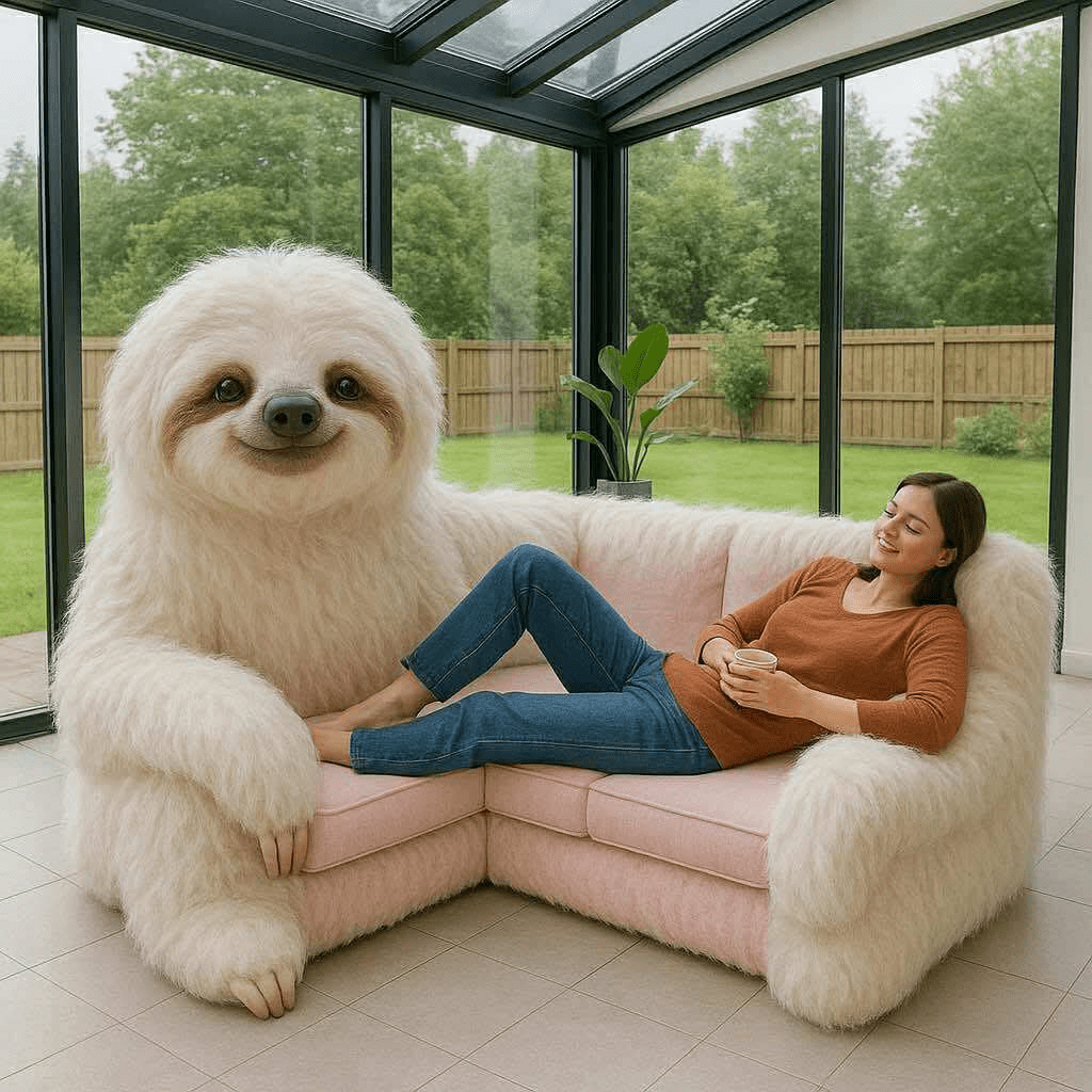 Woman lounging with a coffee on a pink sloth-shaped corner sofa in a glass conservatory.