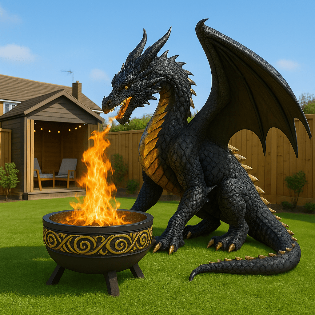Gothic black dragon beside an intricately patterned yellow-gold firepit on green grass