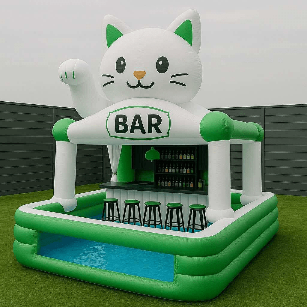 Green inflatable cat-shaped outdoor bar with stools and paddling pool