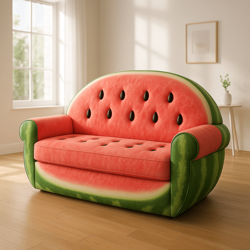  Red and green sofa styled like a watermelon with black seed-shaped buttons