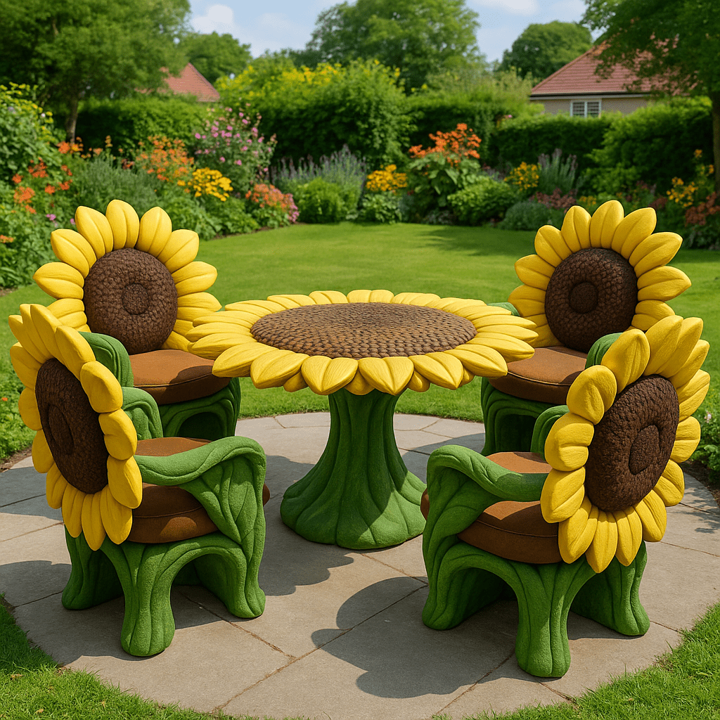 Oversized sunflower-shaped garden table and chairs in bright yellow and brown tones