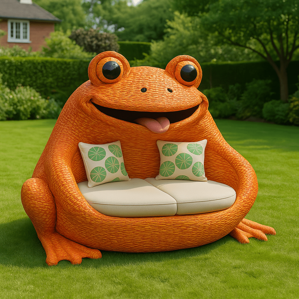 Cheerful orange frog-shaped outdoor sofa with cream seating and green patterned cushions on a grassy lawn.