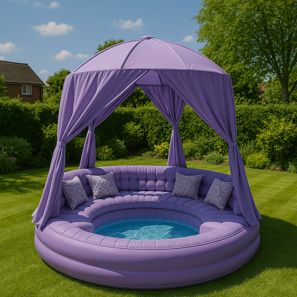 Vibrant purple inflatable canopy pool sofa with cushioned wraparound seating and splash pool in a garden.