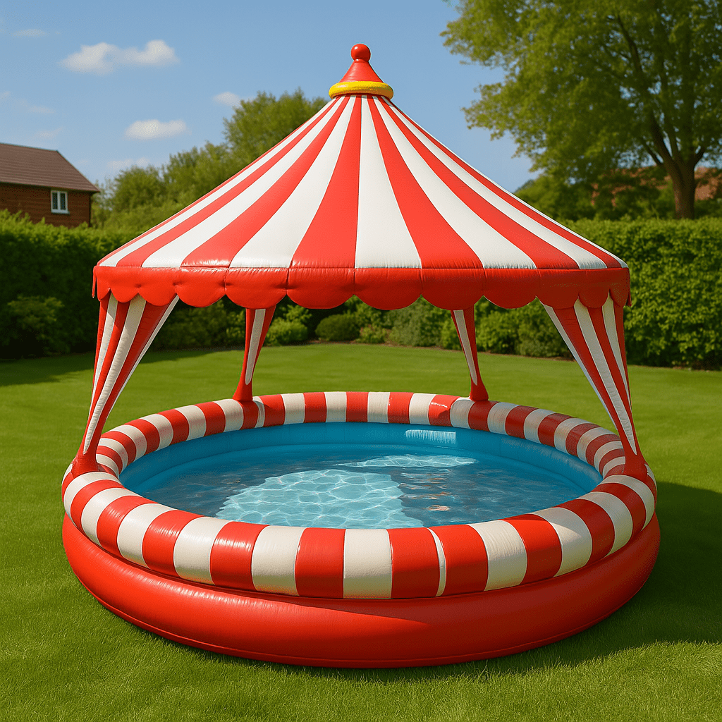 Inflatable paddling pool with red and white striped circus canopy in garden setting