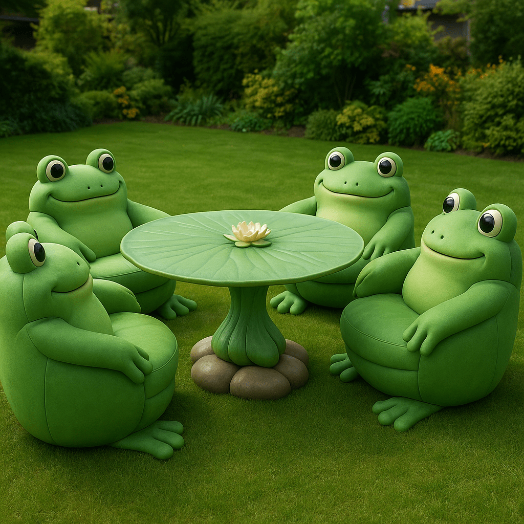 Four bright green frog garden chairs and a lily pad table on lush green lawn