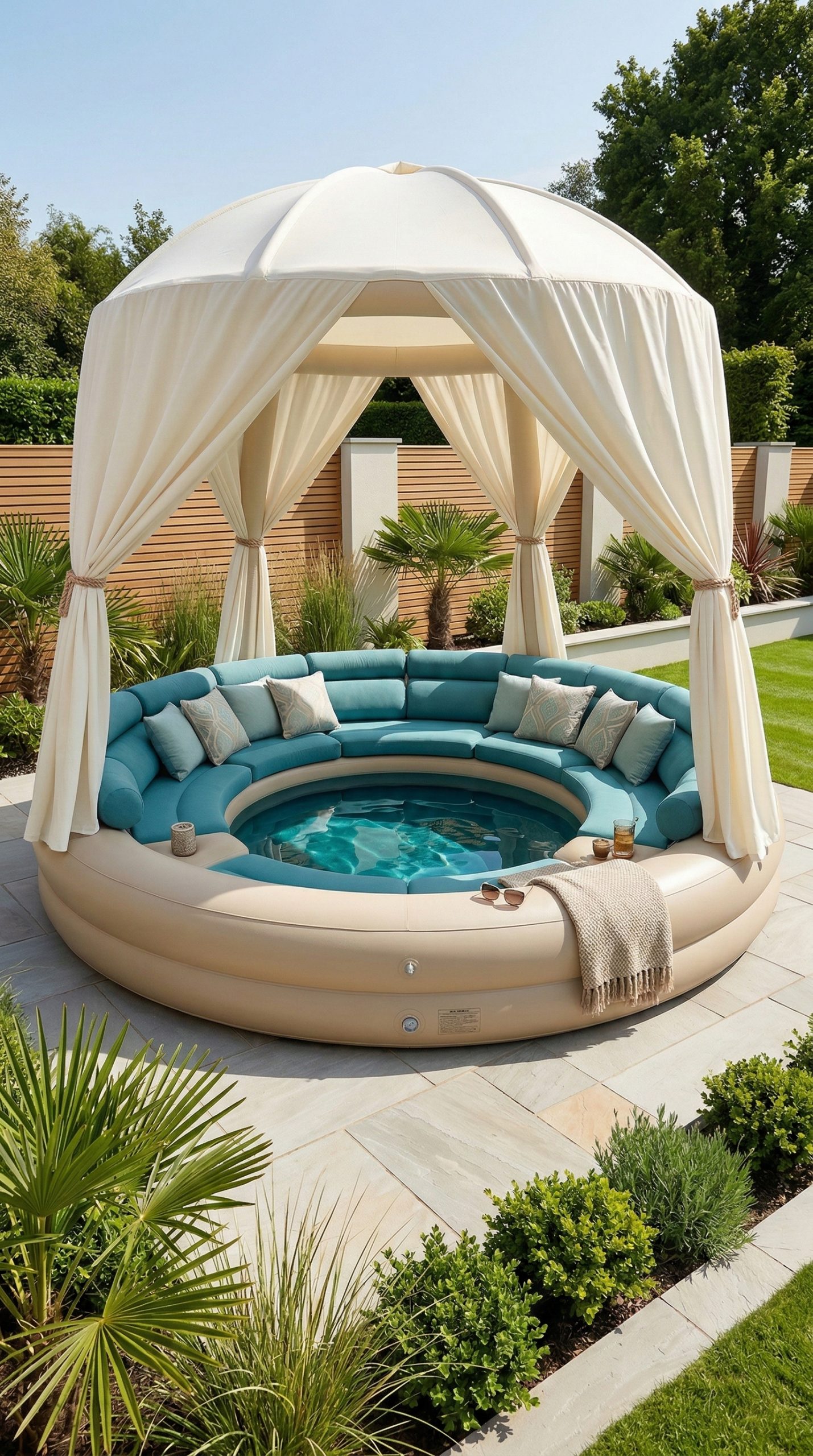 Circular inflatable sofa pool with built-in seating and cream canopy curtains in a landscaped modern garden patio setting