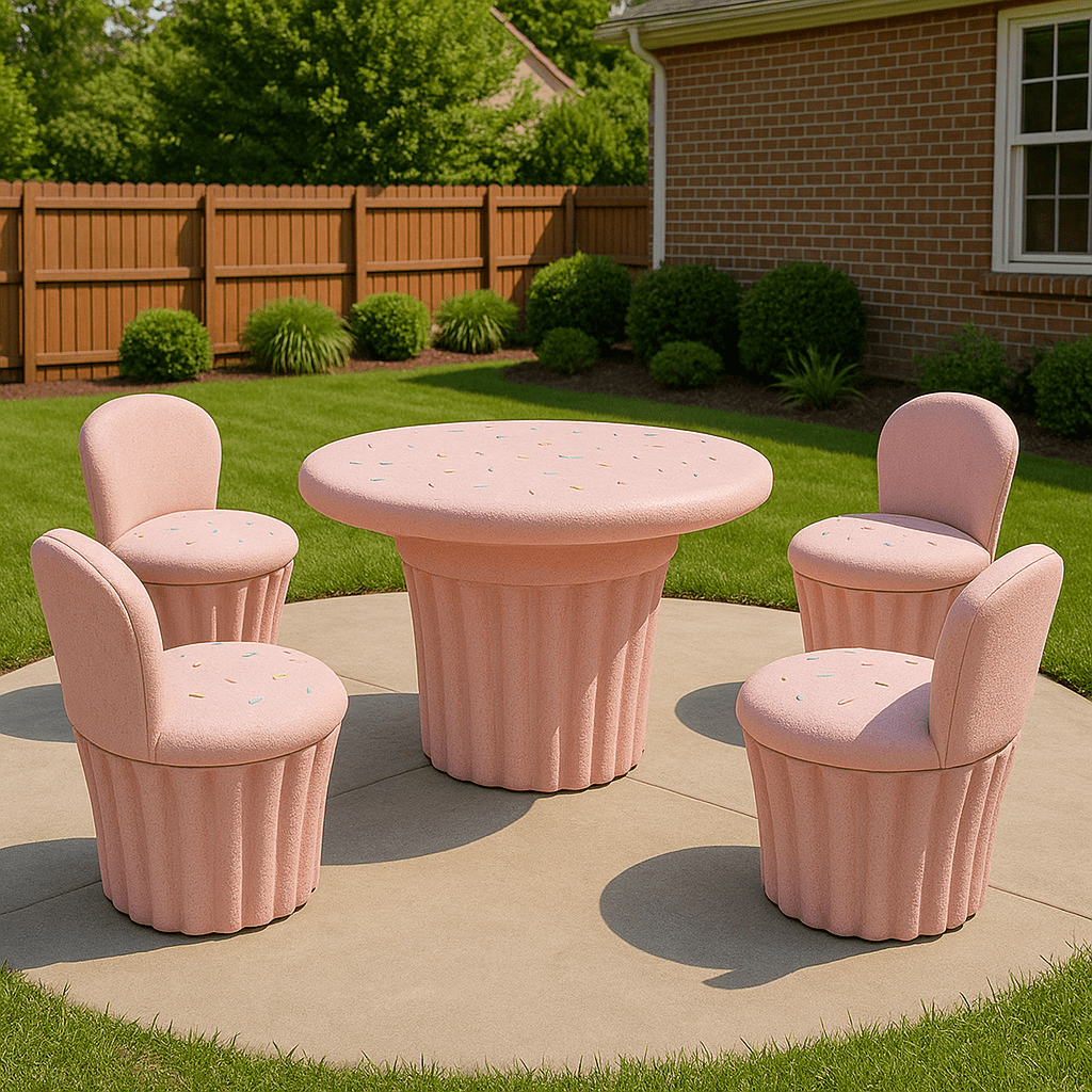 Pastel pink cupcake-inspired outdoor furniture set in garden with matching chairs and sprinkle designs