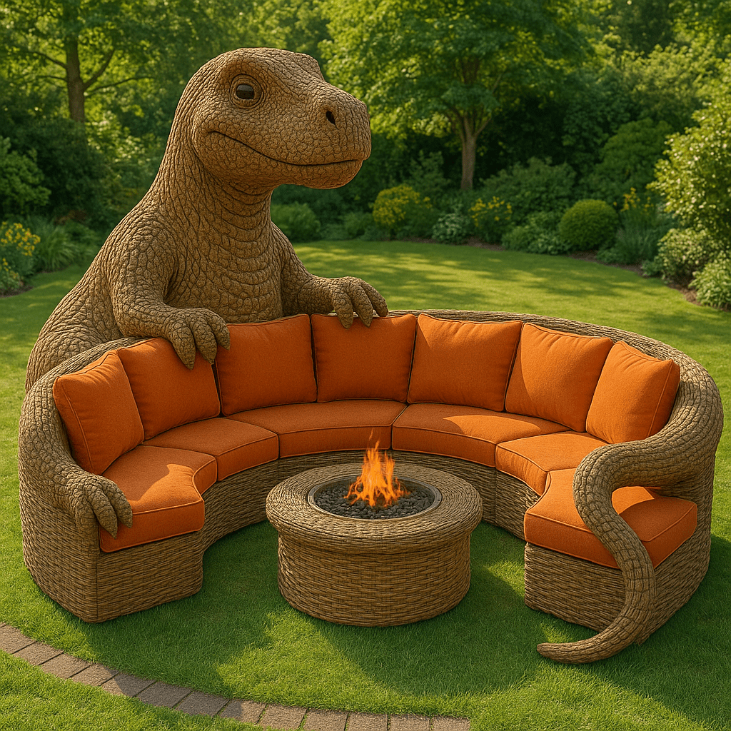 Burnt orange cushioned dinosaur sofa with woven fire pit on grass, ideal for outdoor lounging.