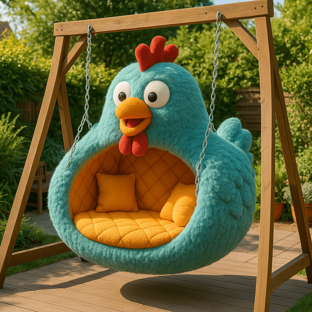 Sky blue chicken swing chair with bright yellow cushioned seating outdoors