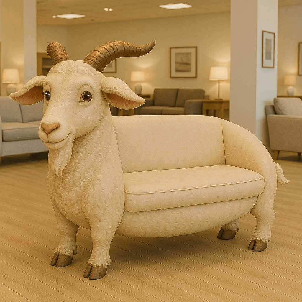 A light beige goat-shaped sofa featuring curled horns and a beard, surrounded by warm-toned decor.