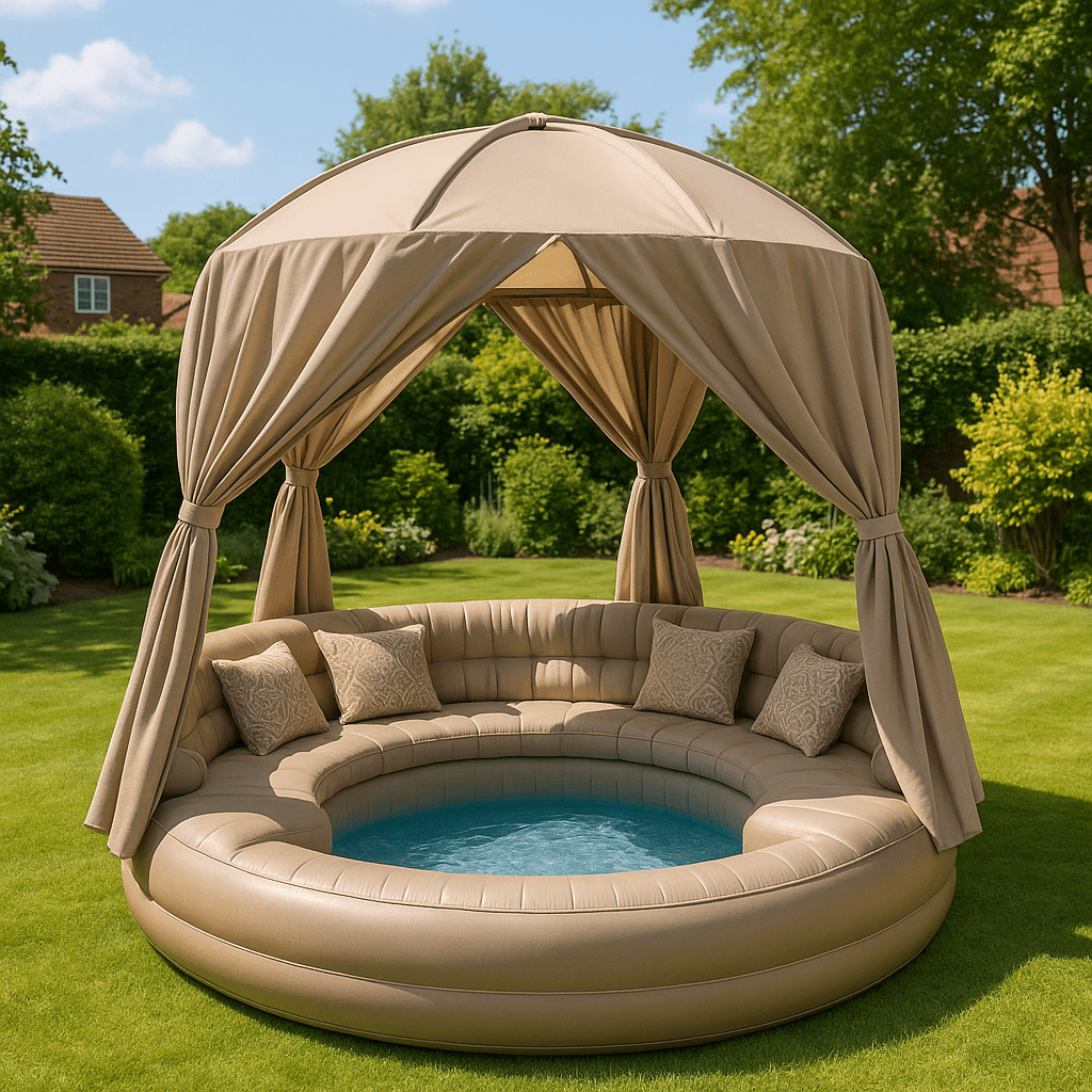 Elegant beige inflatable canopy pool sofa with plush seating and a splash pool, set in a green garden.