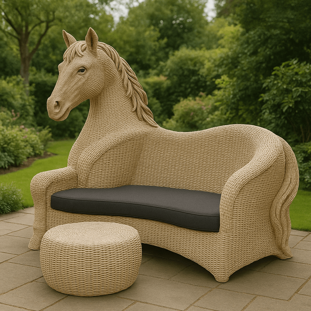 Beige horse-shaped rattan garden sofa with black cushion and round footstool in a leafy garden background