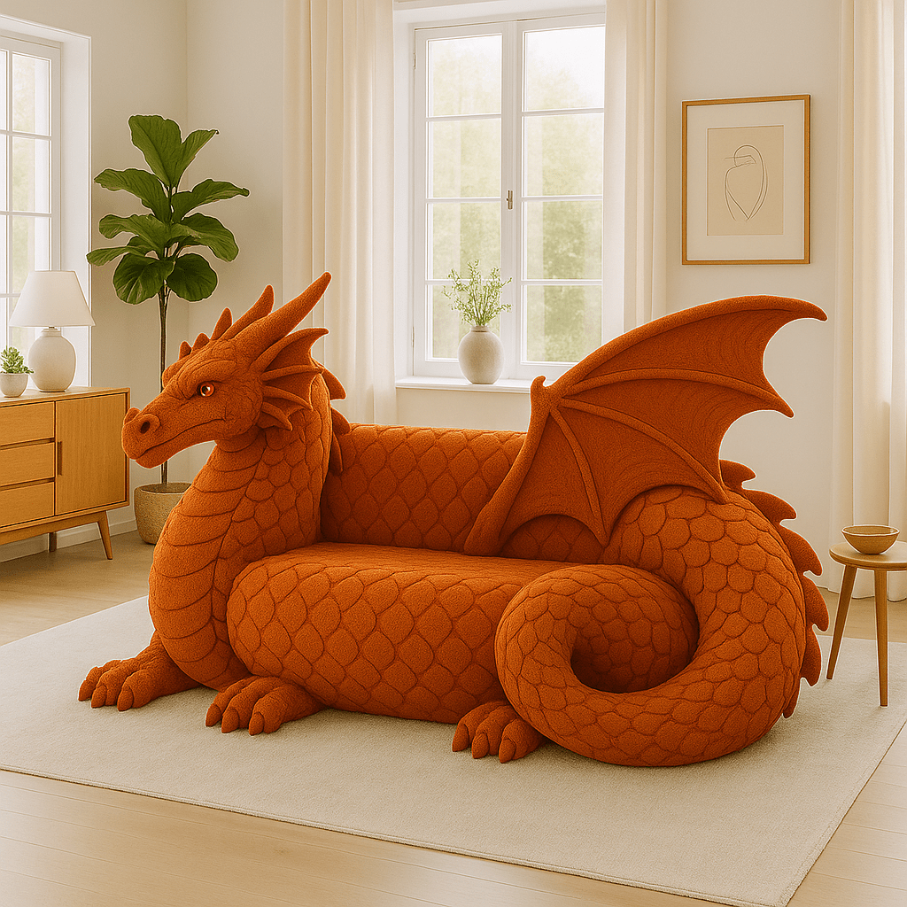 Oversized red-orange dragon-shaped novelty sofa with wings and detailed scales in a bright living room