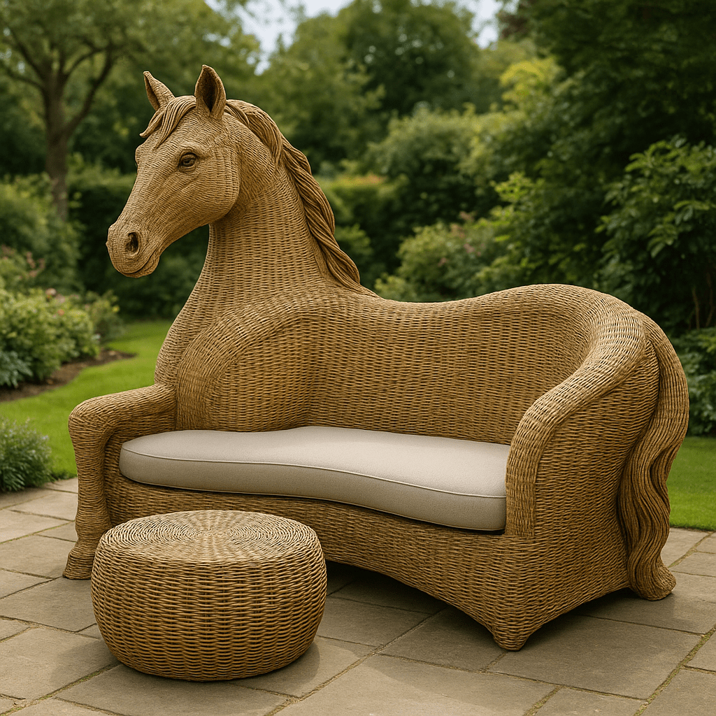 Dark brown horse-shaped rattan garden sofa with grey cushion and round footstool in lush green setting