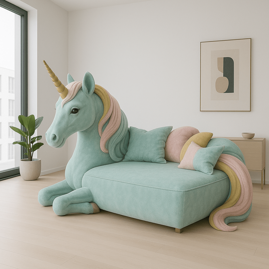 Mint green unicorn-shaped plush sofa with pink, yellow and aqua details styled in a light, airy room.