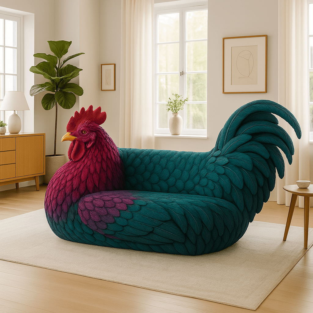 Elegant rooster sofa with rich purple head and teal body in stylish room