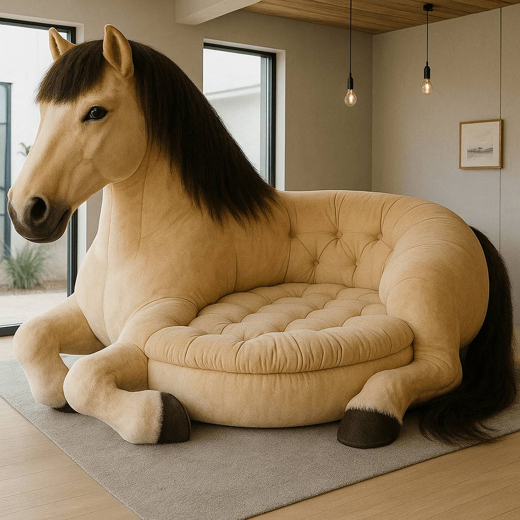 Light tan horse-shaped novelty sofa with dark brown mane and hooves in a neutral modern living room with pendant lighting.