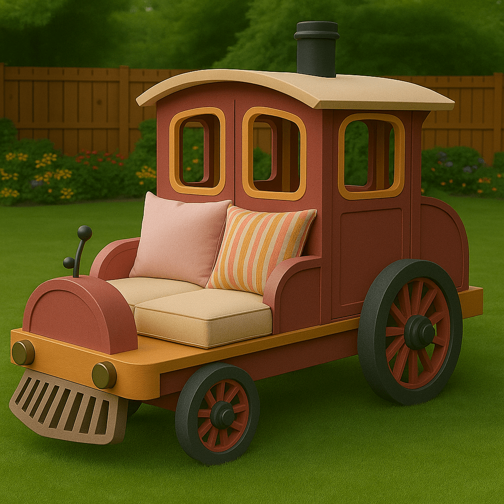 Train-shaped outdoor sofa in muted red and yellow tones with cosy beige and pink cushions in a garden.