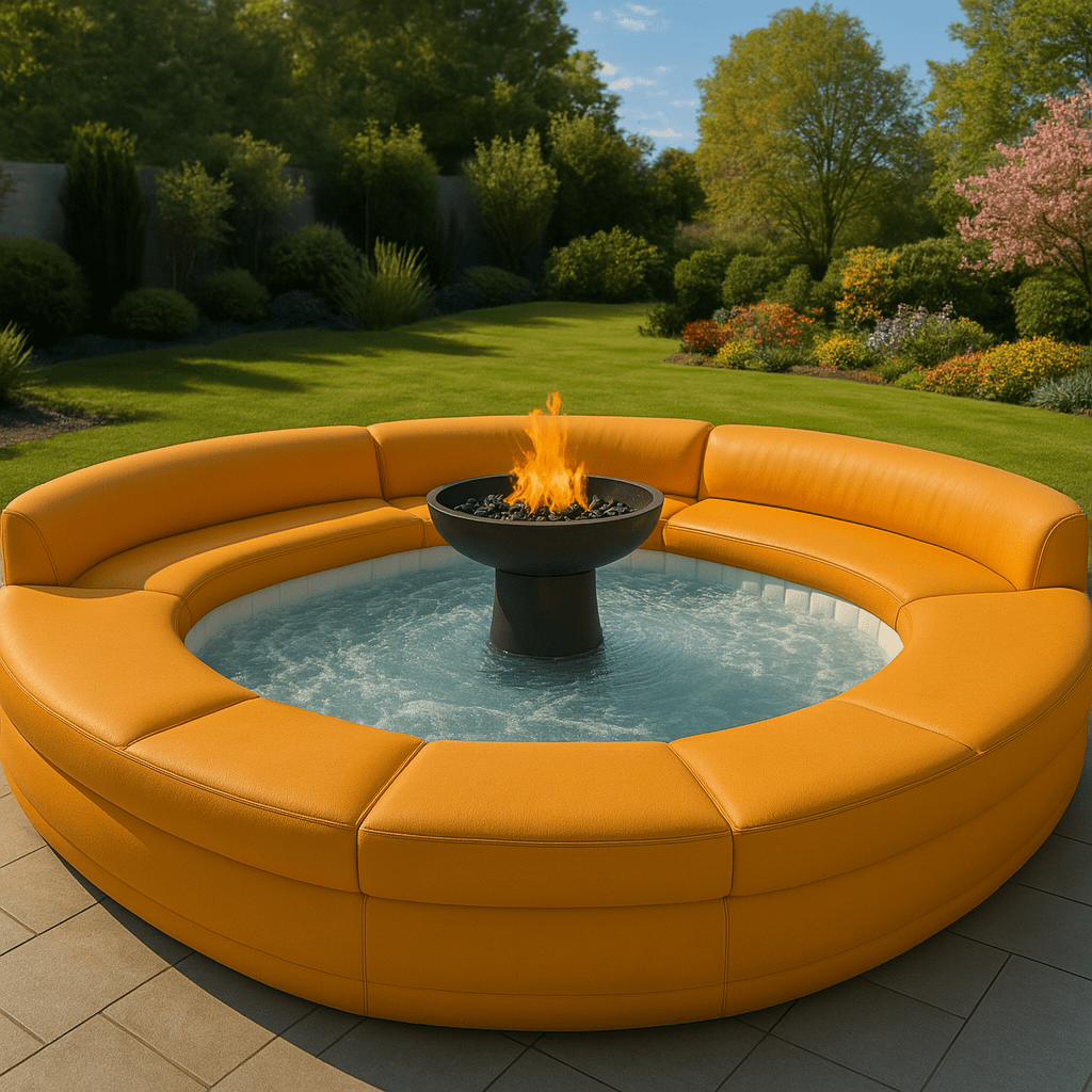 Vibrant yellow round hot tub sofa featuring a central fire pit in a landscaped garden
