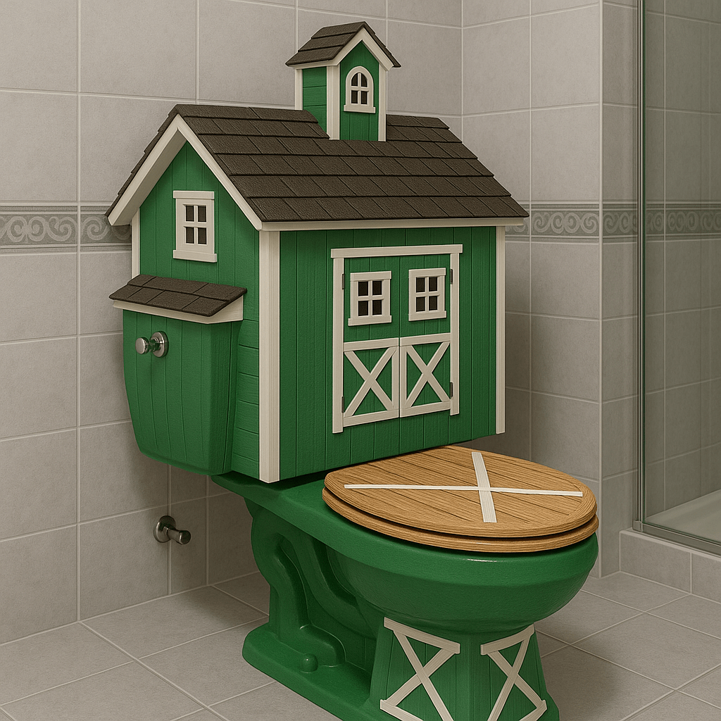 Green novelty barn-style toilet with faux wood lid and white trim in tiled bathroom