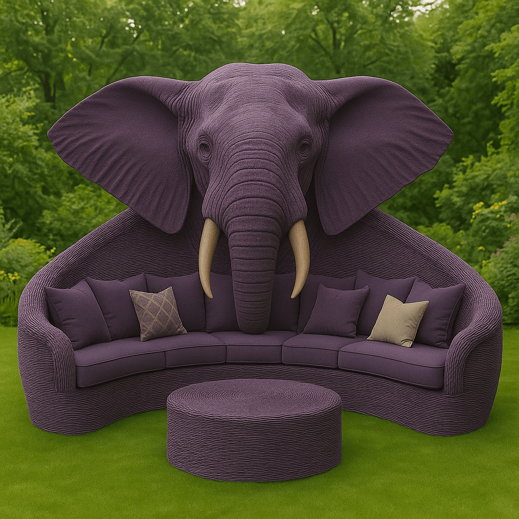Purple garden sofa with a sculpted elephant head design and coordinating plum cushions