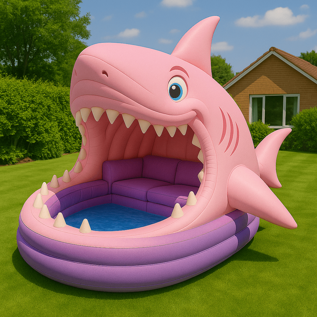 Cartoon-style pink shark-shaped inflatable sofa with purple seating in an outdoor garden.