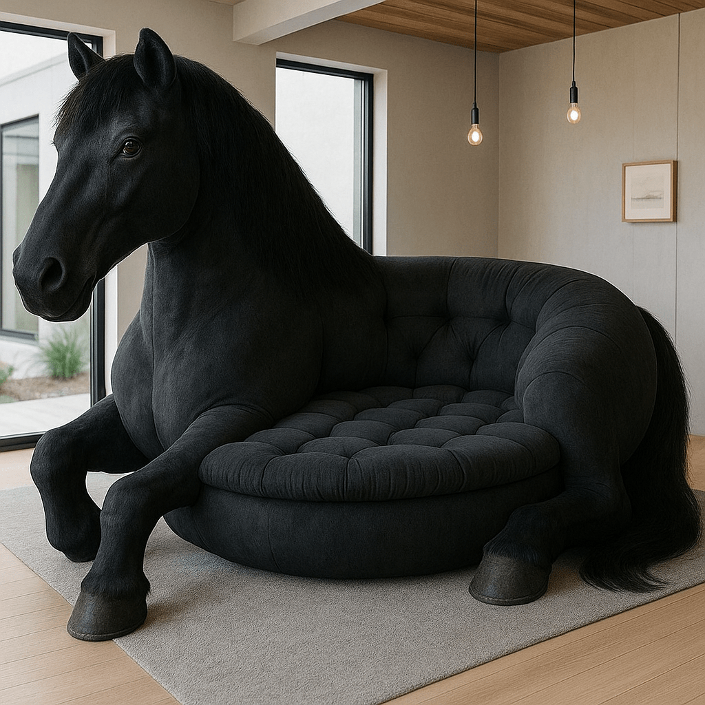 Elegant black horse-shaped sofa with lifelike detail and luxurious tufted seat set in a bright, contemporary living space.