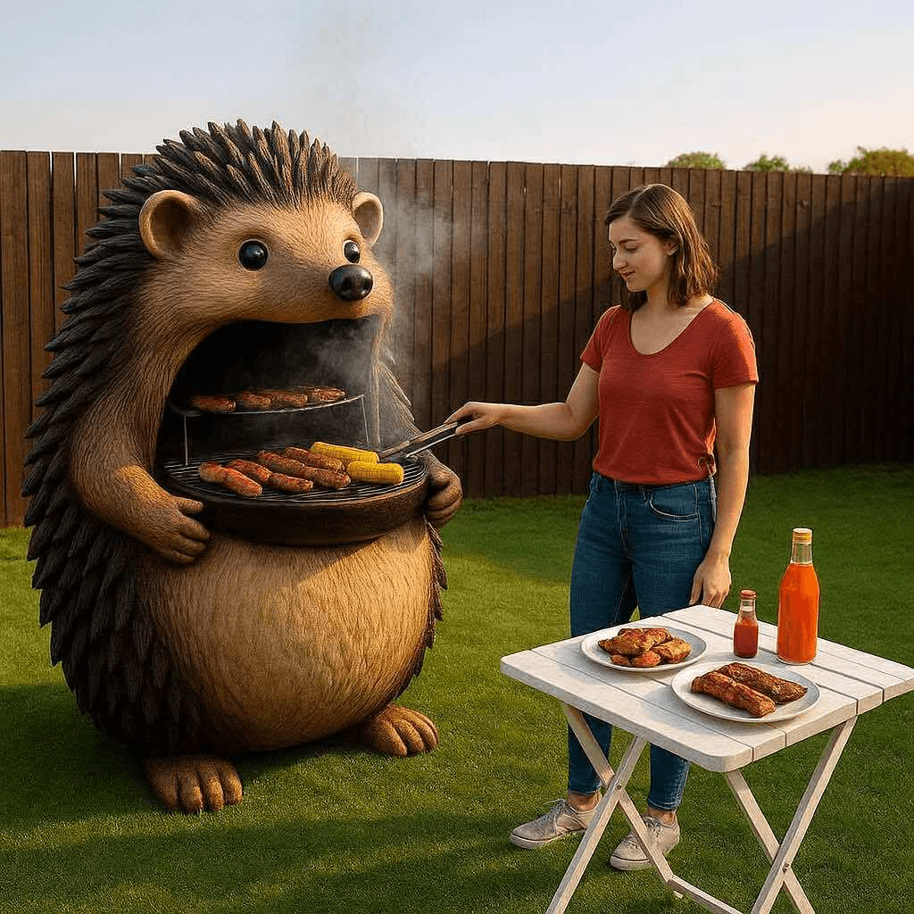 Hedgehog-shaped barbecue with sausages and corn being grilled by a woman in a red top.