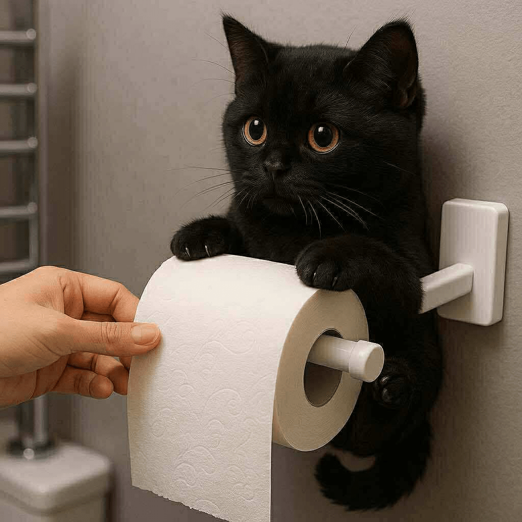  Black kitten holding a toilet paper roll on a wall bracket with a surprised expression