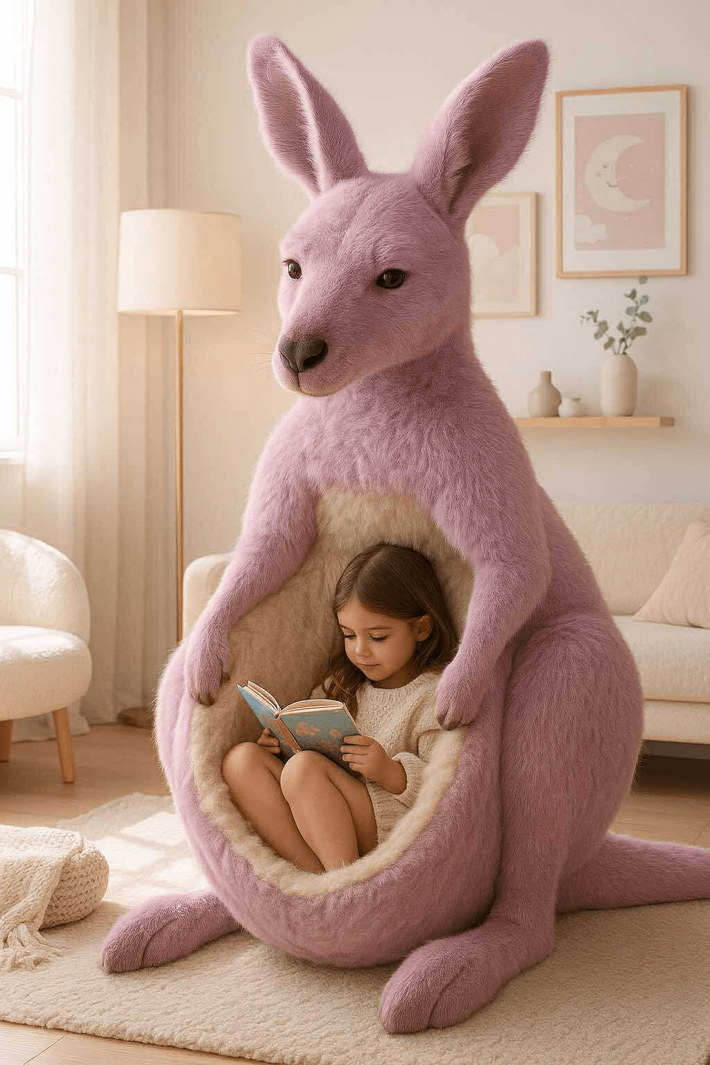 A blush pink kangaroo-shaped chair with a young girl reading a storybook in a soft-toned children’s room.