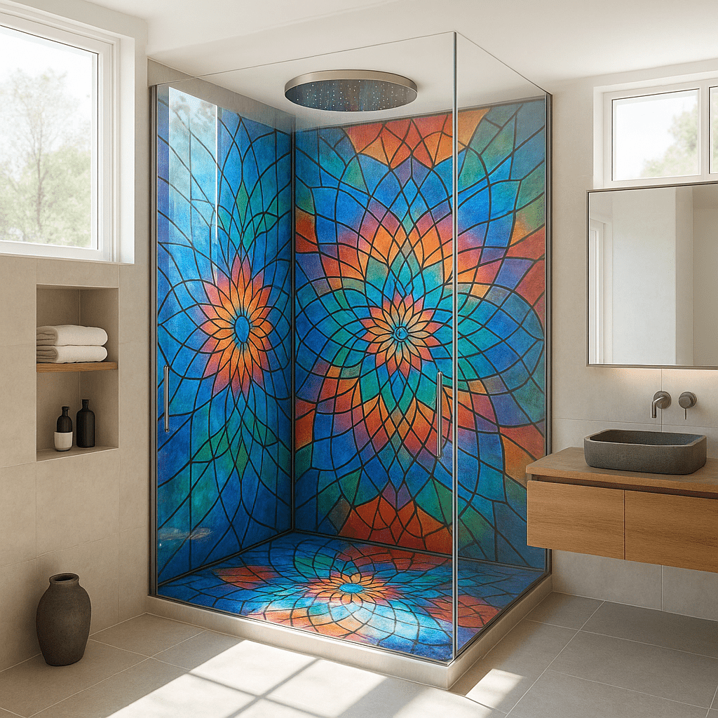 Shower enclosure with twin circular stained glass floral motifs in blue, orange, and red hues