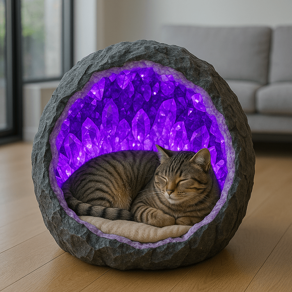 A tabby cat resting in a luminous purple amethyst geode-shaped cat bed.