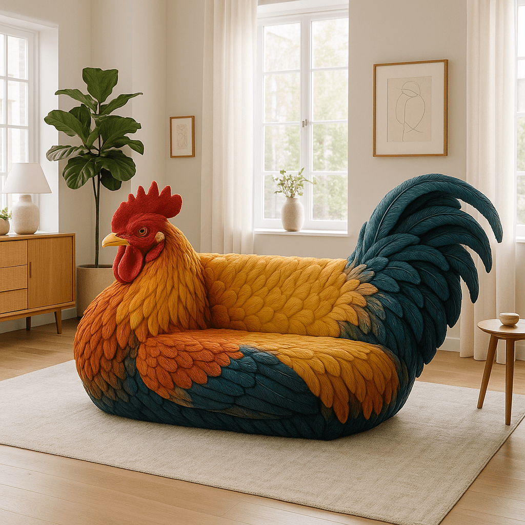 Vibrant chicken-inspired sofa in orange, yellow, and teal hues