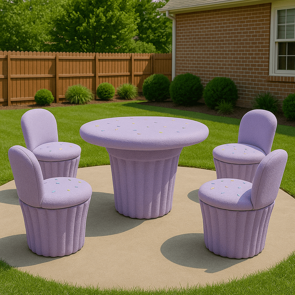 Lilac cupcake-themed garden table and chairs with soft curves and colourful sprinkle details