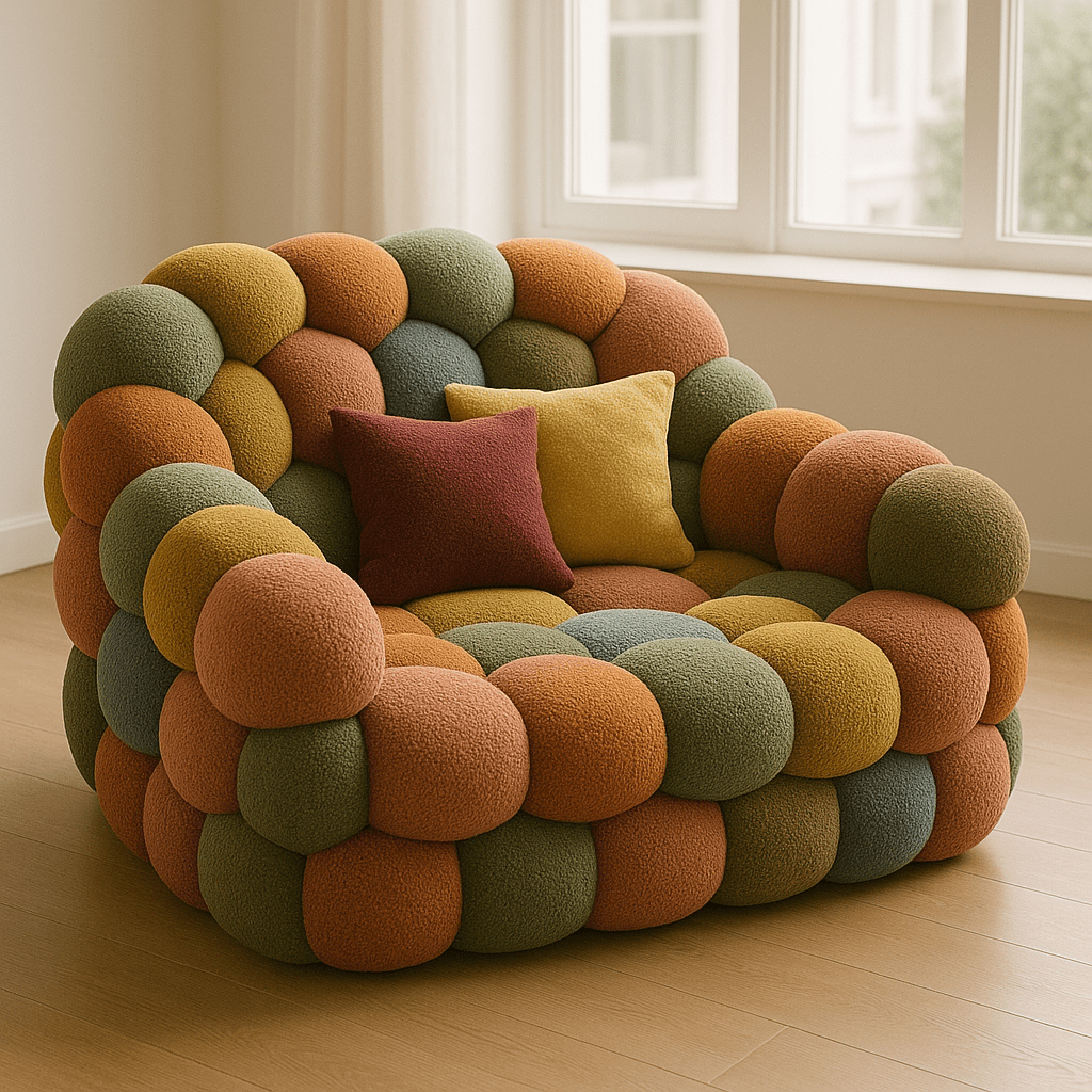 Bubble chair upholstered in deep autumn colours of orange, olive, mustard, and brown with two accent pillows.