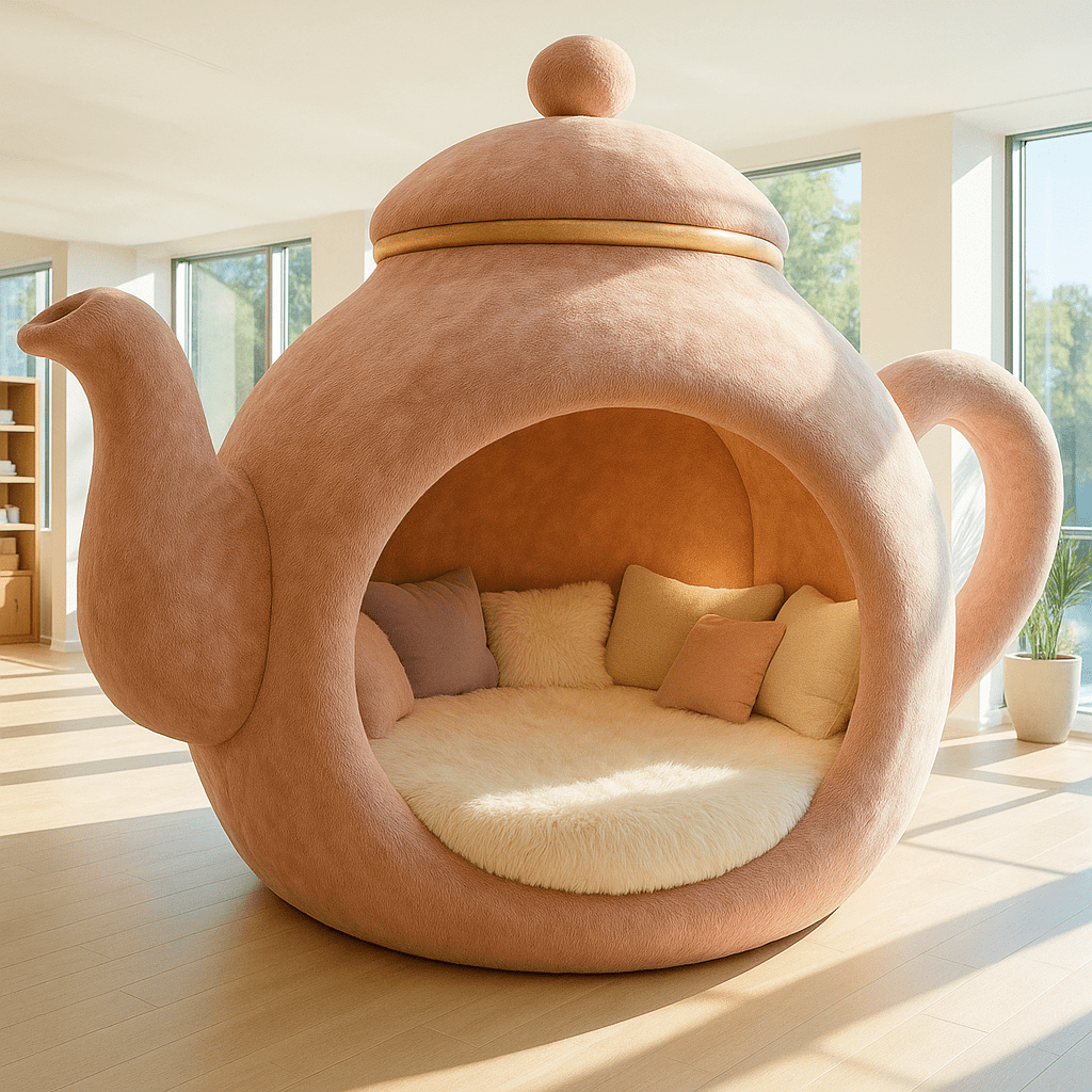 Blush pink teapot-shaped bed with cream and pastel cushions in a sunny space