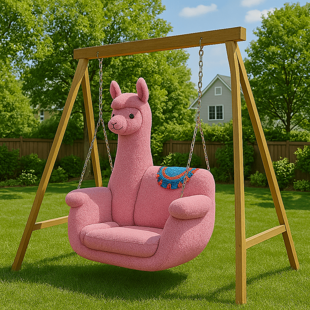 Pink llama-shaped plush swing chair on a wooden frame in a vibrant garden