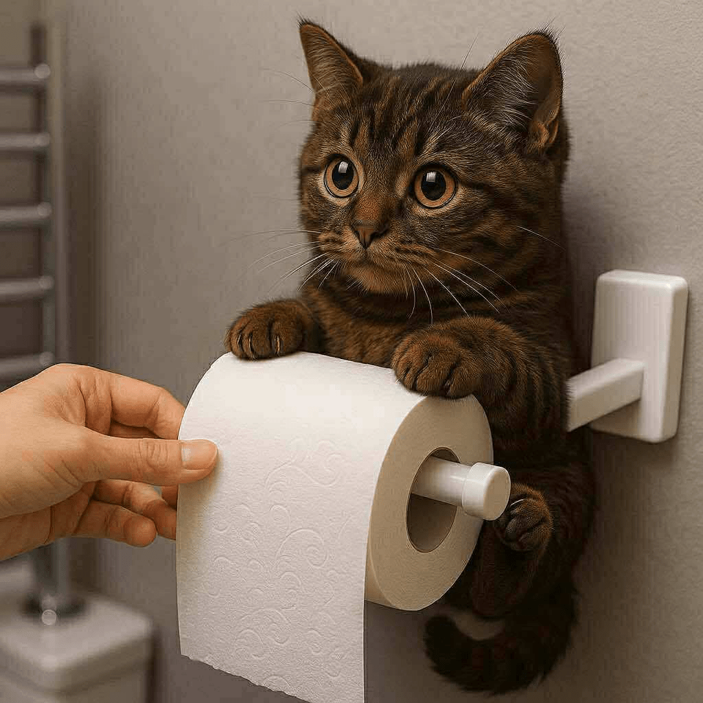 Dark brown tabby kitten toilet roll holder fixed to bathroom wall with hand reaching for paper