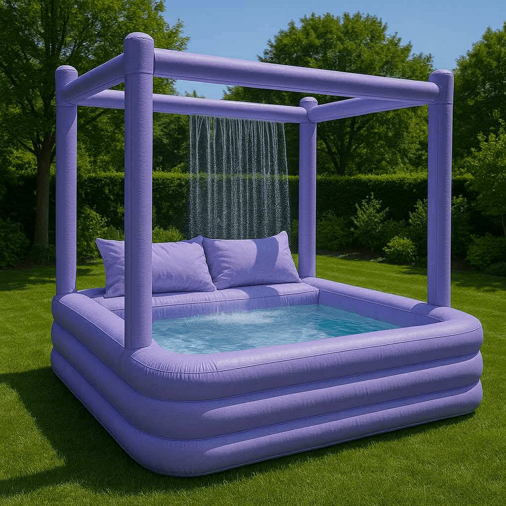 Stylish purple inflatable paddling pool with cushions and overhead rain feature in a garden