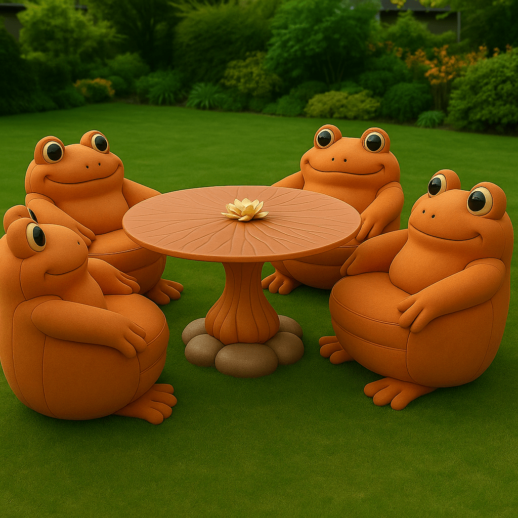 Orange frog-themed outdoor chairs and table on grass with green shrubbery