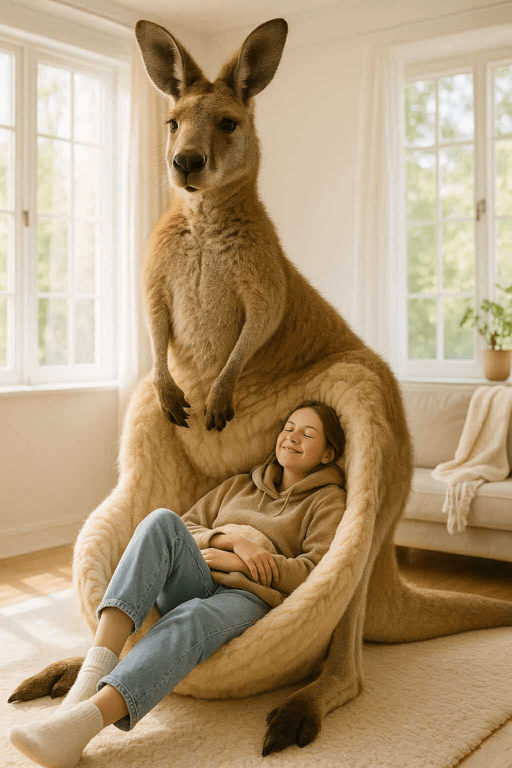 A neutral-toned kangaroo-shaped chair with a smiling girl relaxing inside in a bright, serene lounge space.