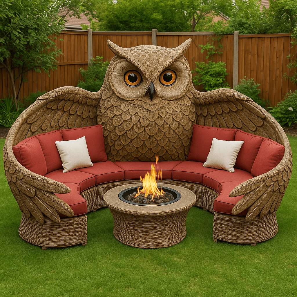 Oversized brown owl-shaped garden sofa with red cushions and central fire pit in a garden setting