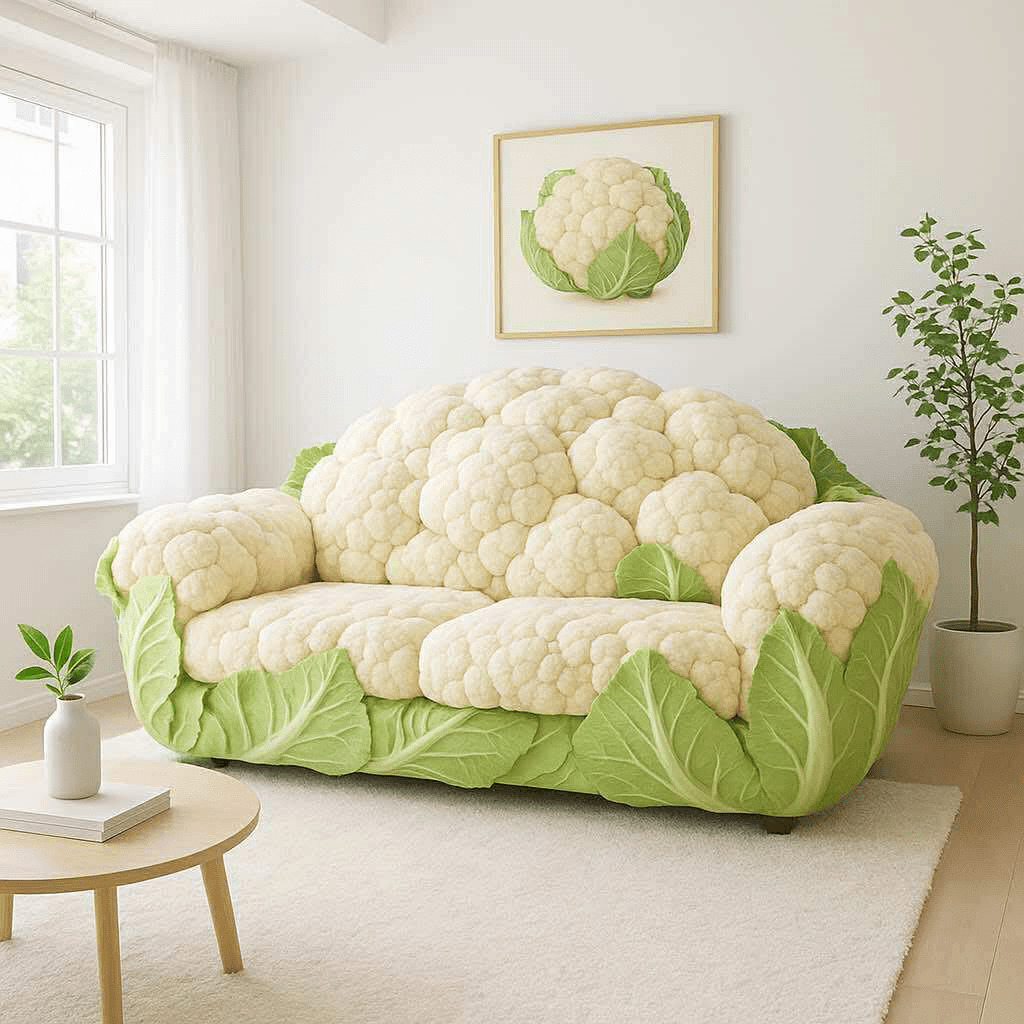  Plush cauliflower-shaped novelty sofa with green leaf armrests and matching vegetable wall art.