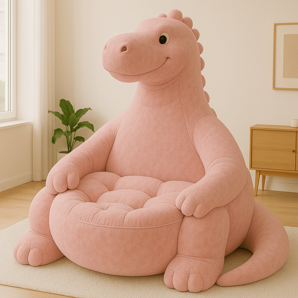 Oversized pink dinosaur-shaped lounge chair in a bright and cheerful nursery-style room
