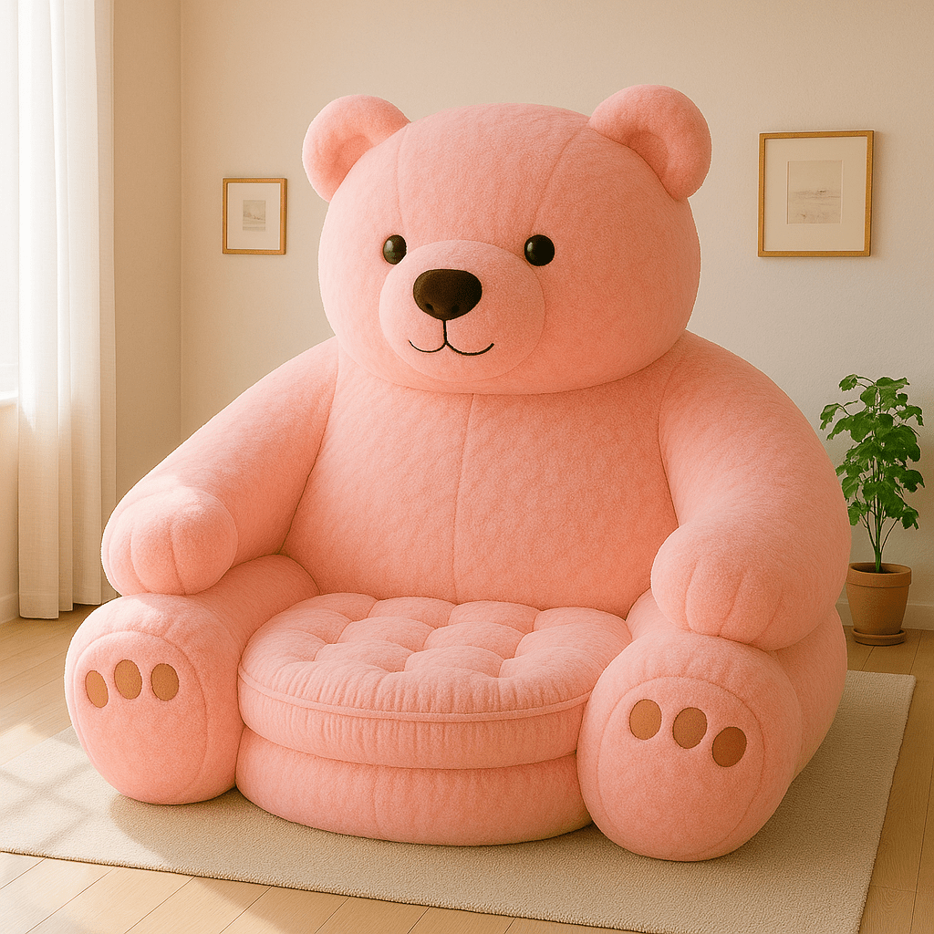 Large pink teddy bear chair in a cosy setting, perfect for playful or pastel-themed rooms.