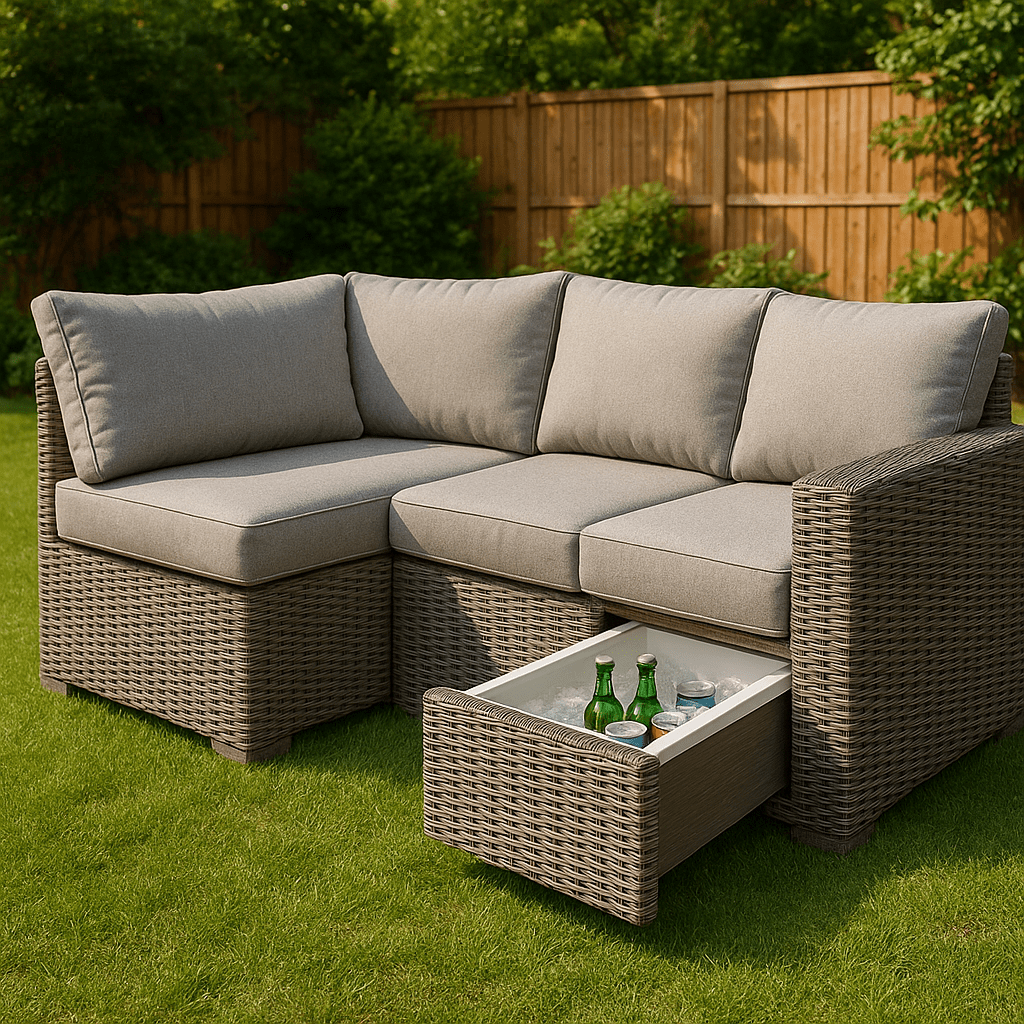 Outdoor grey cushioned rattan sofa with integrated cooler drawer filled with ice and drinks.