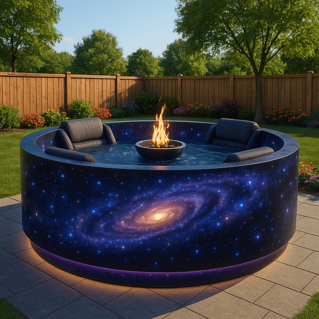 Inflatable pool featuring a swirling cosmic galaxy design with fire pit and recliner seating in a landscaped garden.