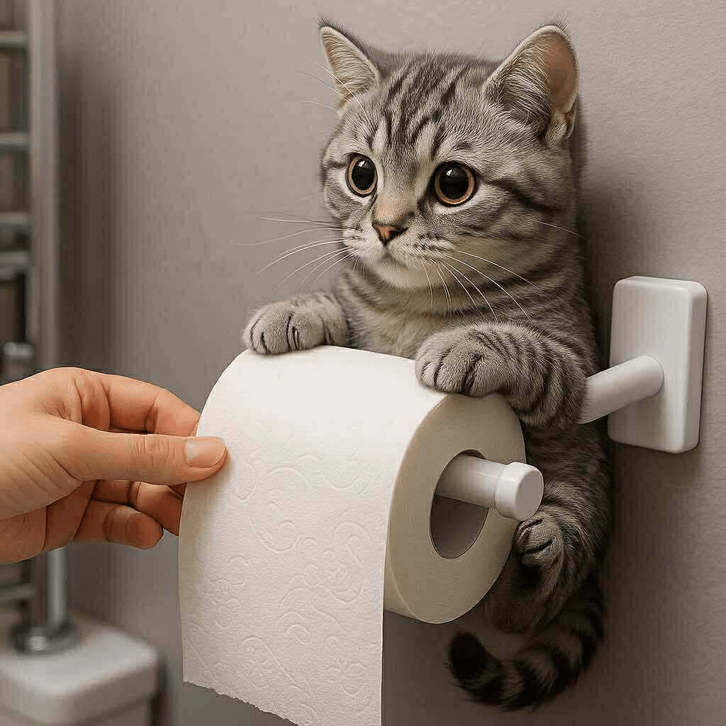  Grey and black striped tabby cat holding toilet roll on wall-mounted holder in a bathroom