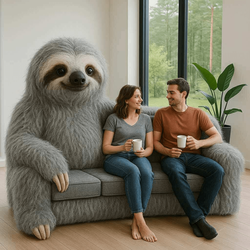 Smiling couple enjoying coffee on a grey sloth-shaped sofa with oversized arms.